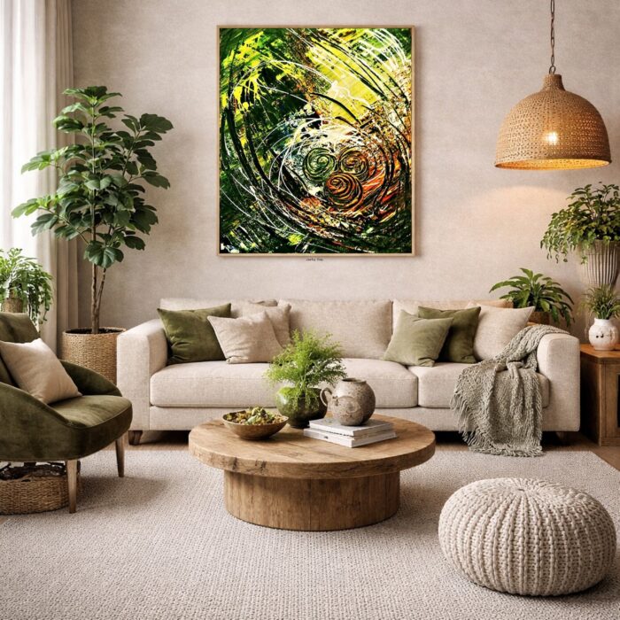 GREEN SYMPHONYA vibrant harmony of nature — alive, raw, and endlessly flowing.
It brings growth, balance, and a sense of living energy into your space. 90x120cm 