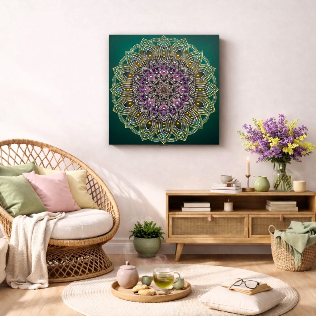 ✧ LIVING IN HARMONY  Mandala of a Happy Life, Love & Harmony created as a custom artwork for a soft interior. A space that feels like home — in every sense.